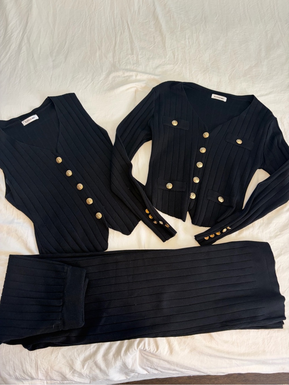 Black Ribbed Knit Button-Front Jumpsuit with Matching Cardigan Set